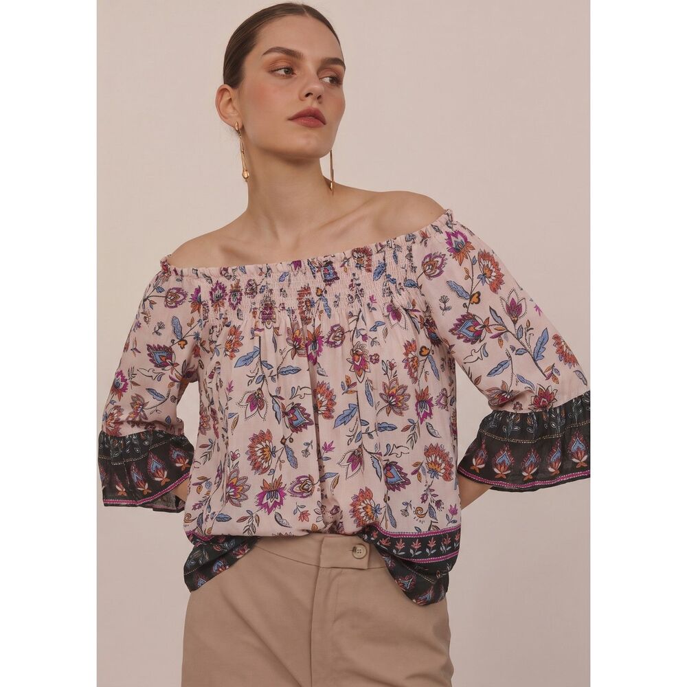Beachlunchlounge Smocked Off Shoulder Top Large Pink Floral Modal Bell Sleeve